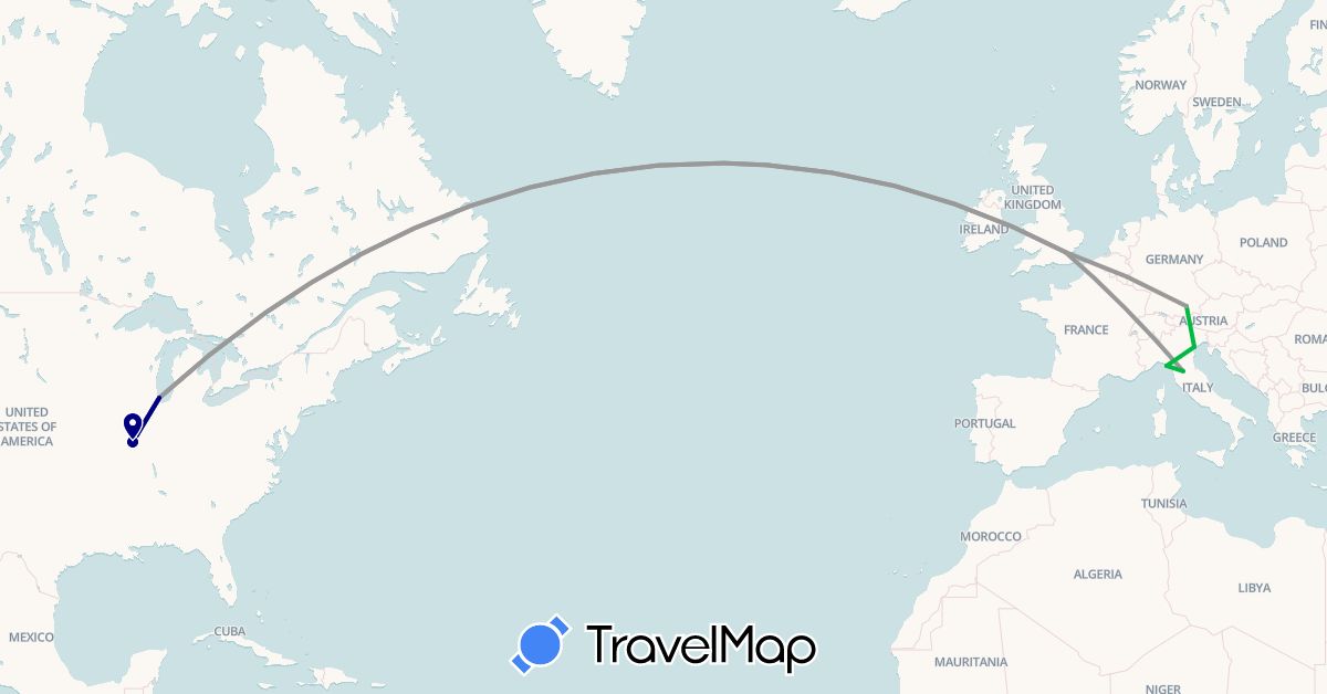 TravelMap itinerary: driving, bus, plane in Germany, United Kingdom, Italy, United States (Europe, North America)
